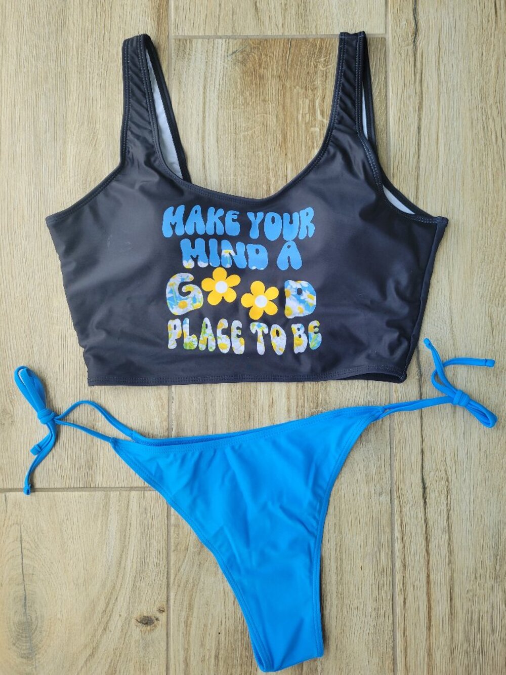 Y2K Retro "Make Your Mind a Good Place to Be" Two-Piece Swimsuit Set - Size L
